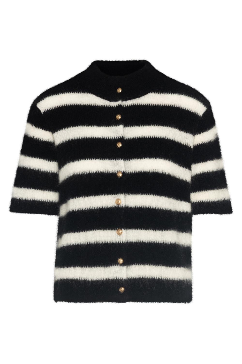 RAH Short Sleeve Cardigan With Buttons Black Ivory Striped