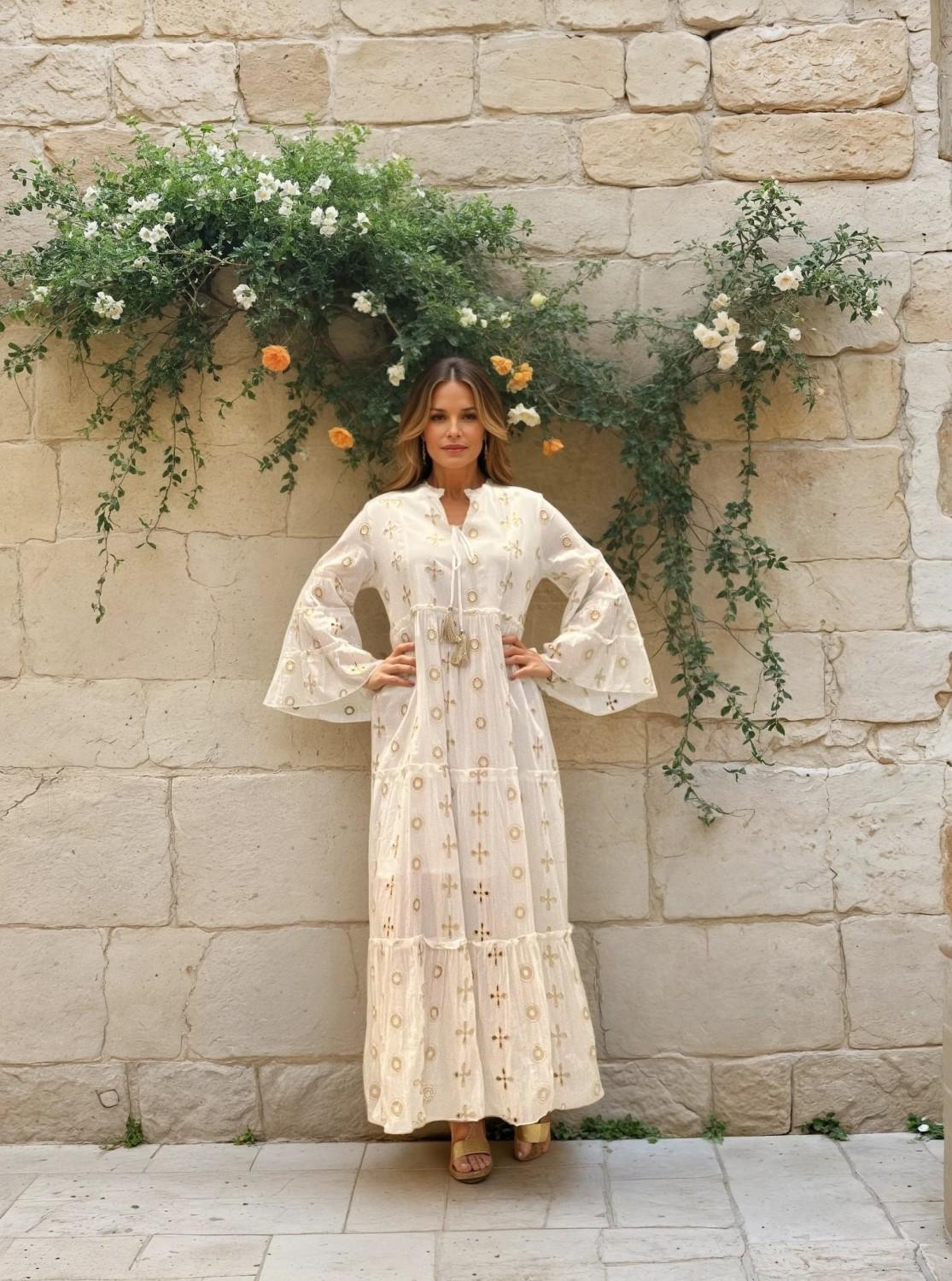 Marc Lauge Tiri Long Gold Dress White